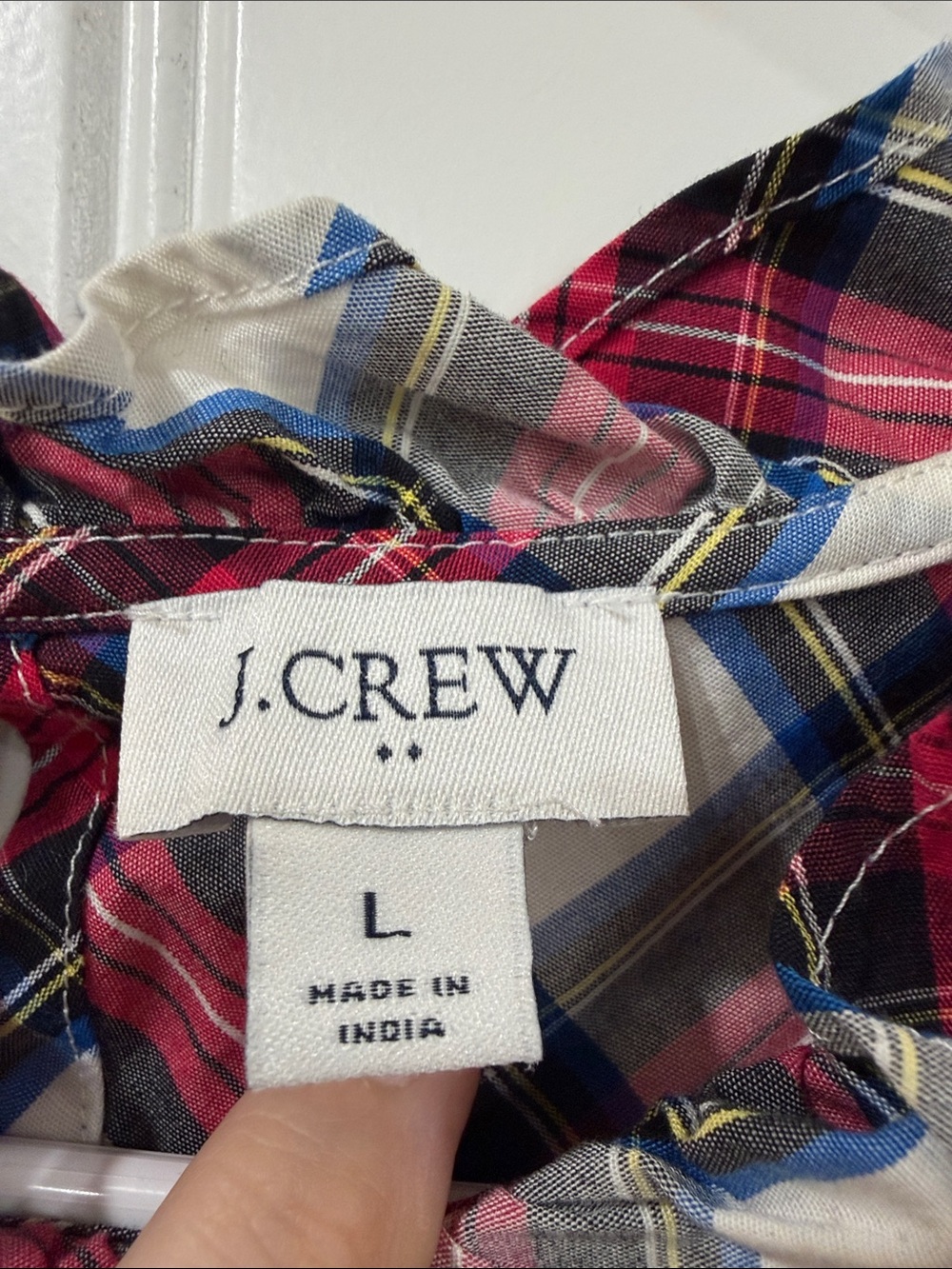 EUC J. Crew Red, Cream & Blue Tartan Plaid Ruffle-Neck Blouse - Picture 3 of 6